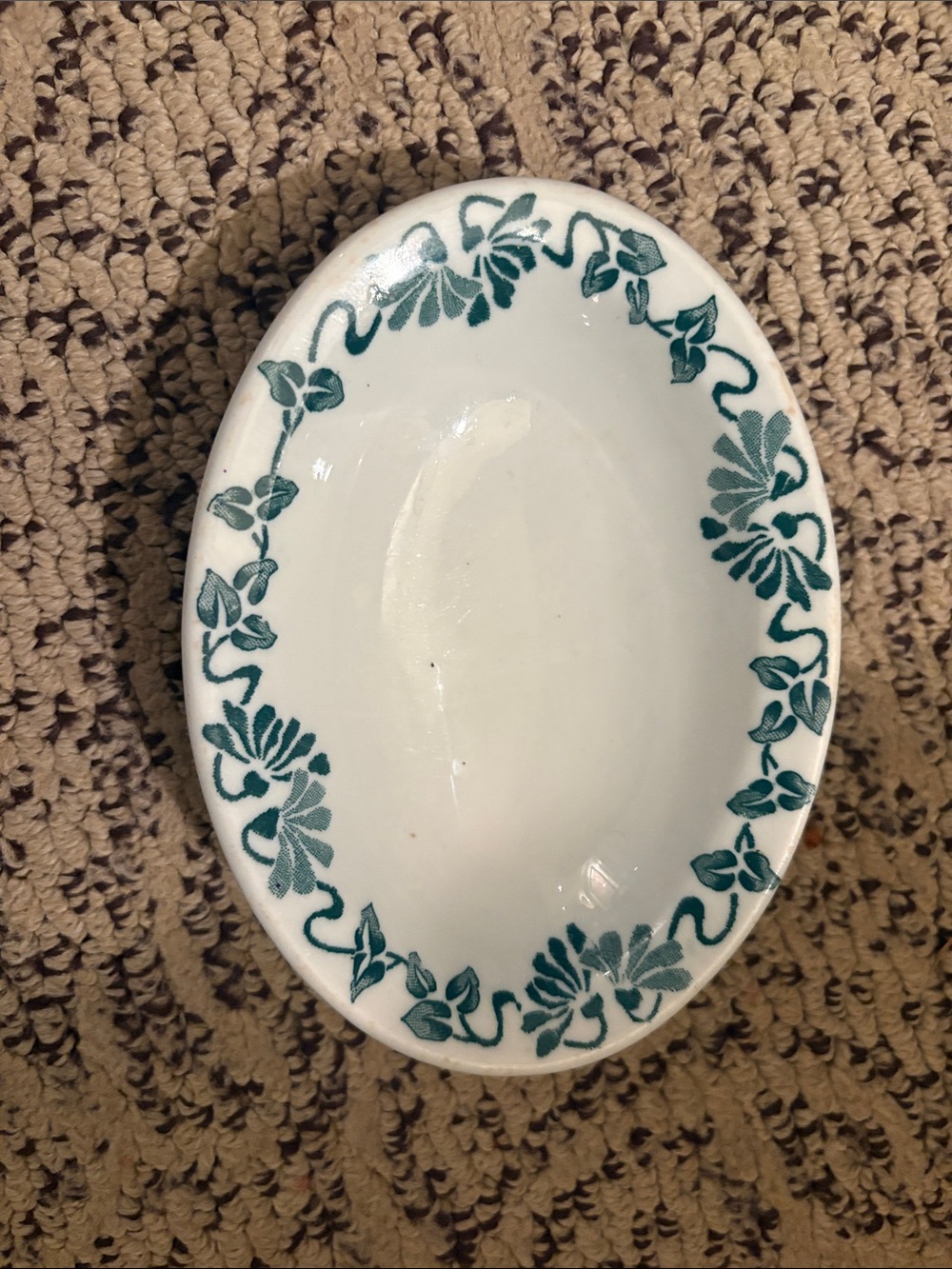 Vintage White Ceramic Oval soap dish with Teal Floral Border - Shenango seconds